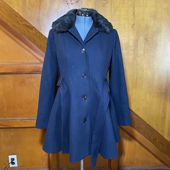 Laundry By Design - Wool Blend Waist Tie Detachable Fur Collar Peacoat - Size XL - Picture 1 of 13